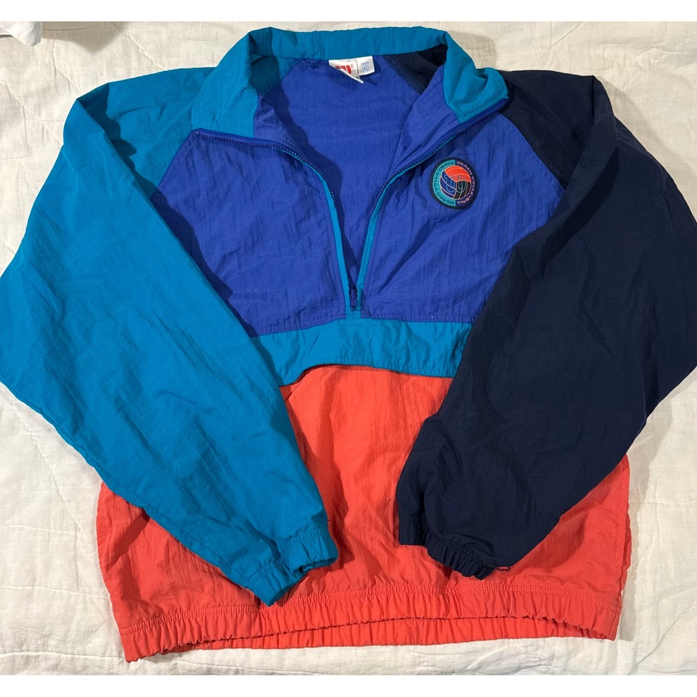Vintage Wilson Colorblock Windbreaker Blue Teal Coral 1/4 Zip Beach Volleyball